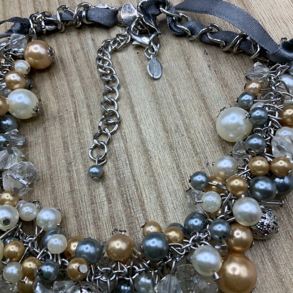 Chico's Multi Color Faux Pearl Cluster Ribbon Silver Tone Necklace
